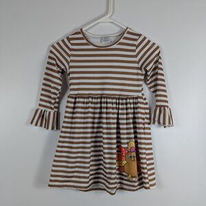 Girls Brown & White Striped Turkey Thanksgiving Dress 4-5 Years